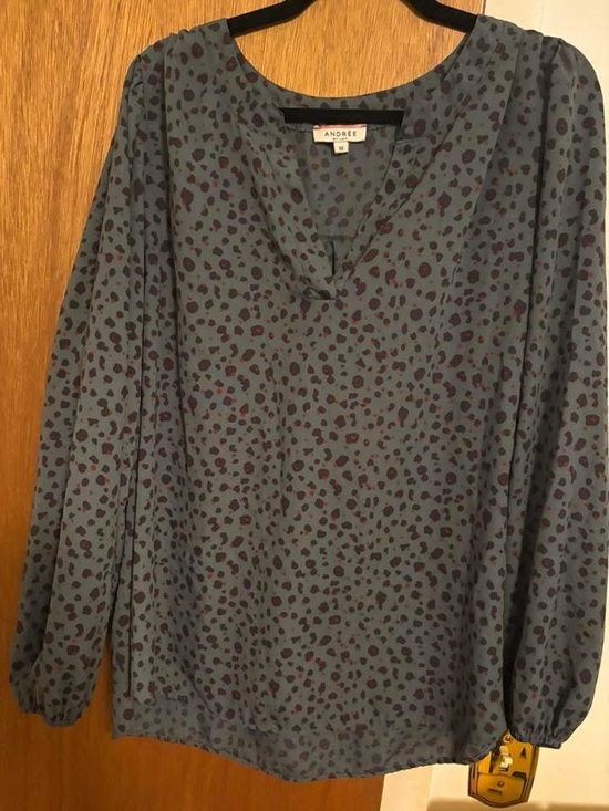 Andree Tops - Andree Slate Blue Leopard-Spot Long Sleeve Blouse
